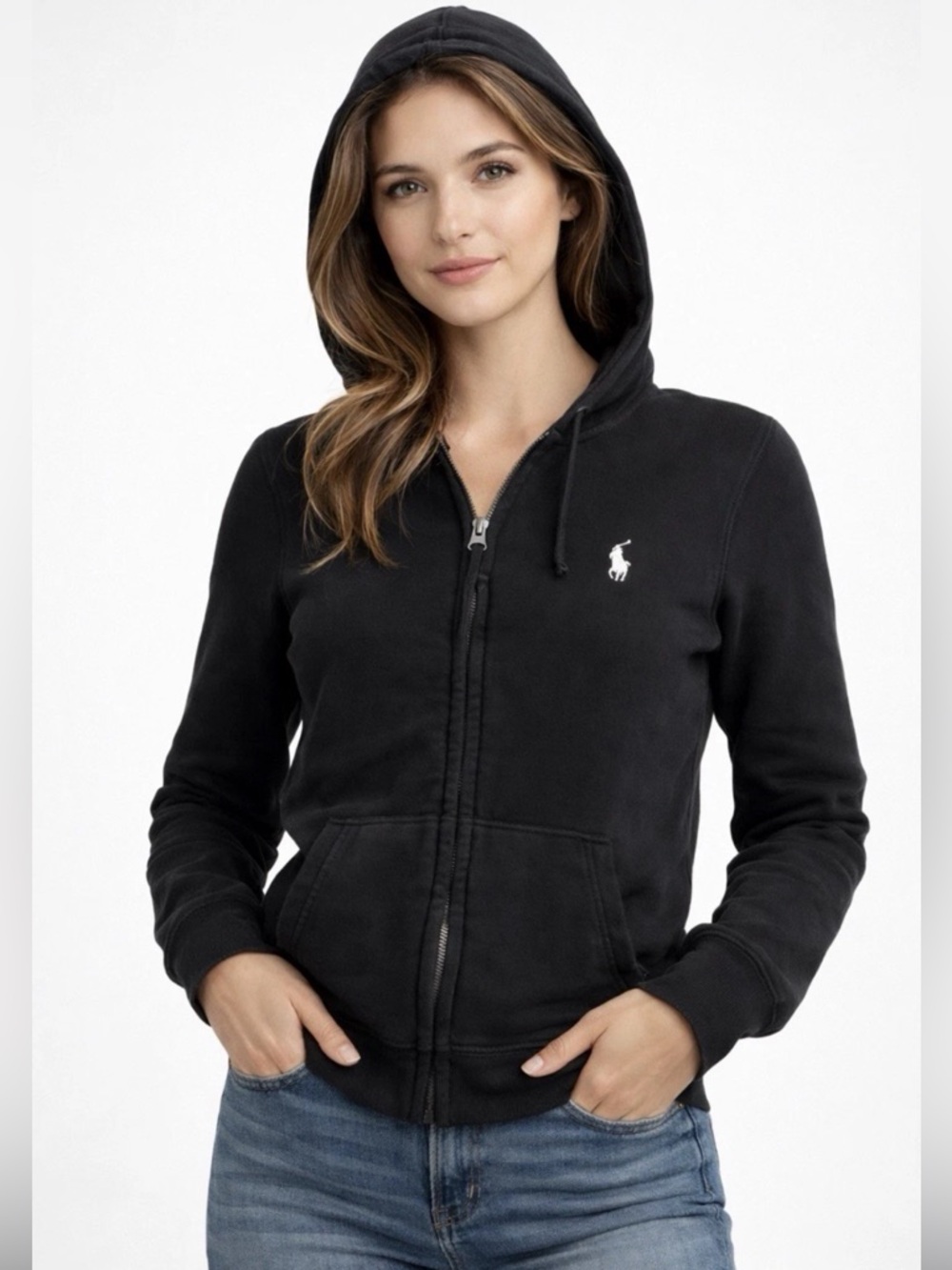 Ralph Lauren Sport Black Zip Hoodie Pockets Polo Pony Logo Womens Large Vintage